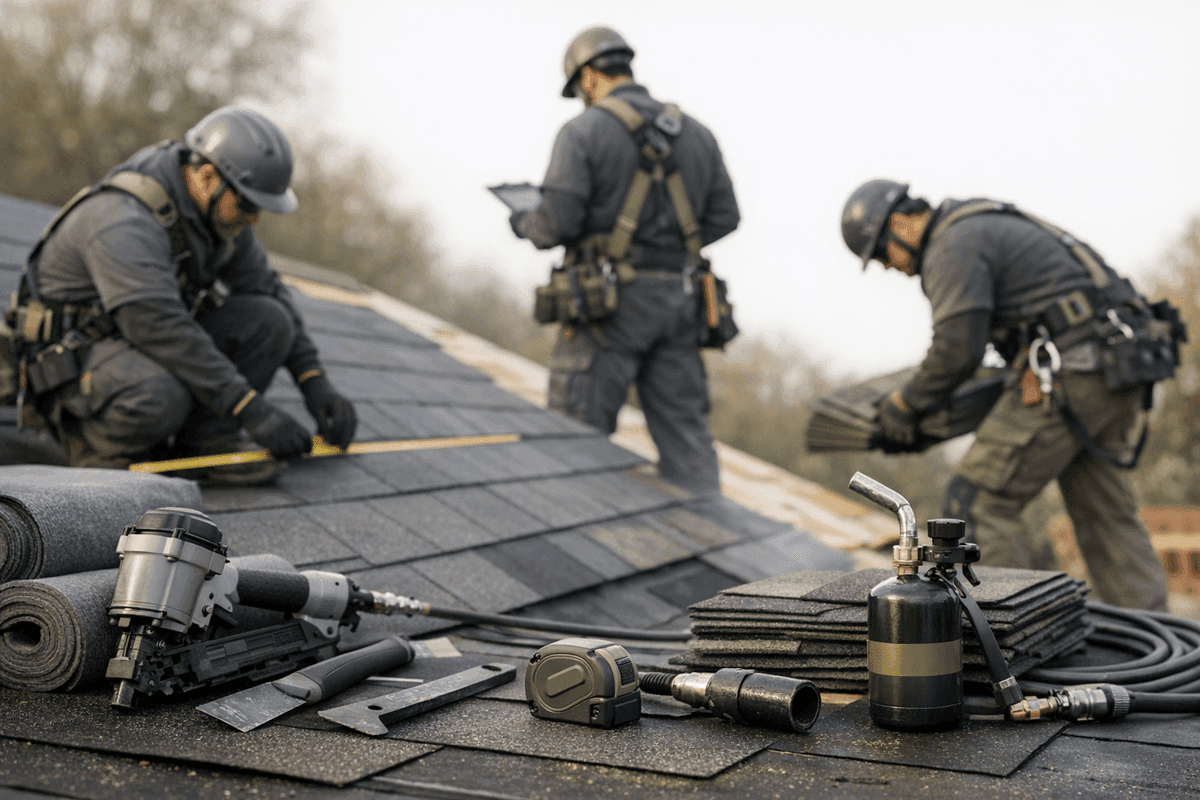 Close-up of roofer's gloved hands aligning gray asphalt shingles on a clean roof