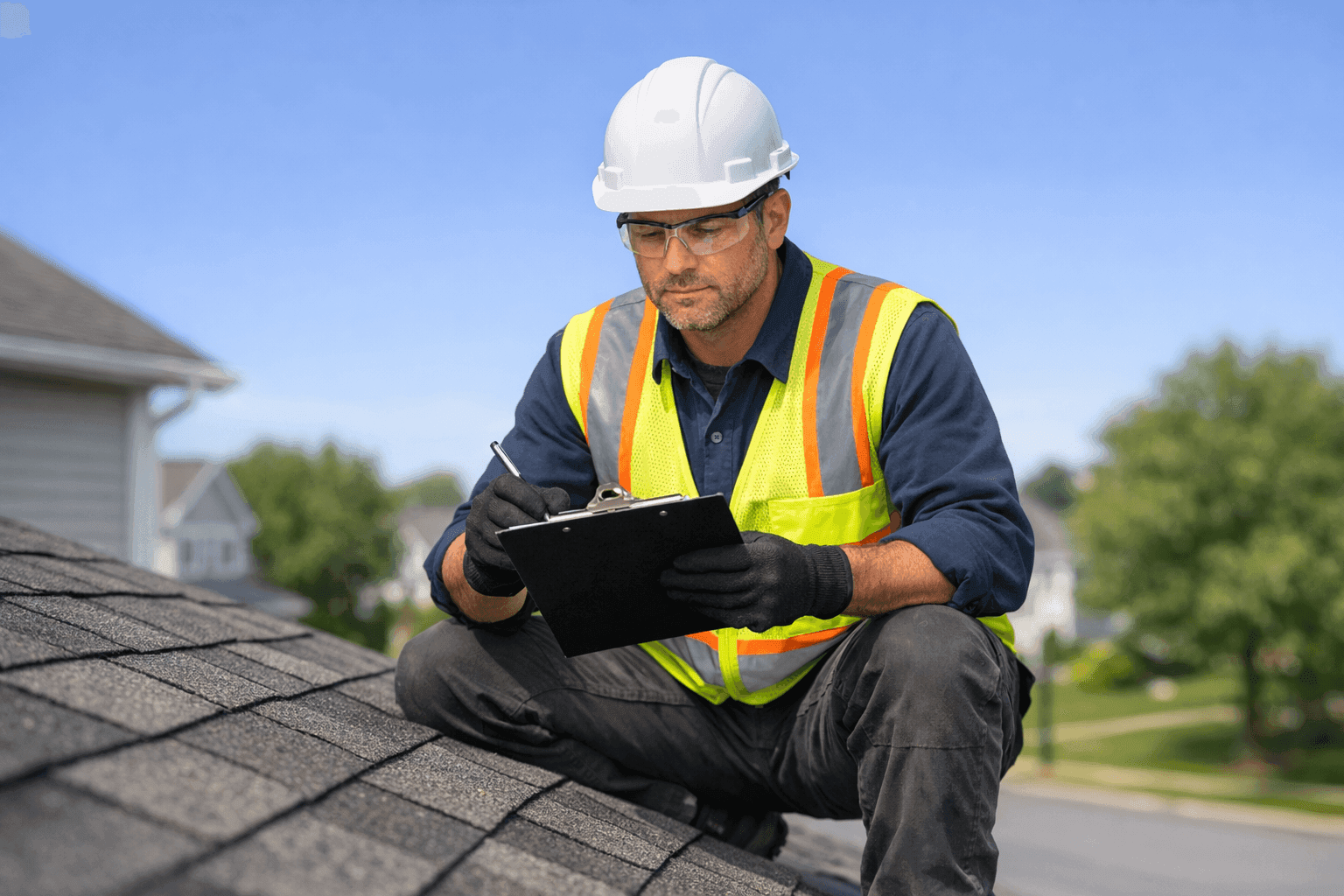 Roof inspector checking Glenmore NY home roof with clipboard