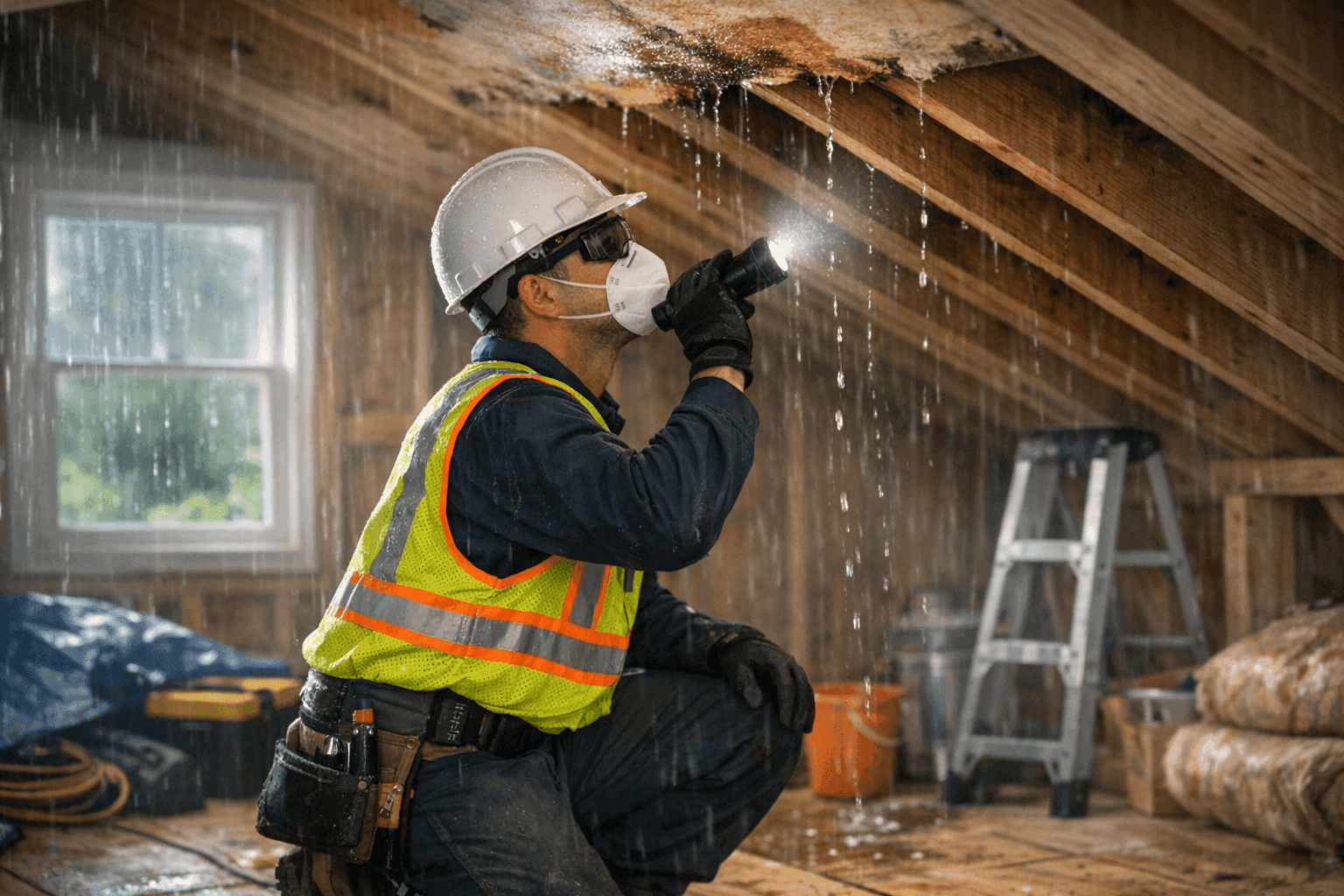 Technician inspecting attic roof leak with flashlight during storm